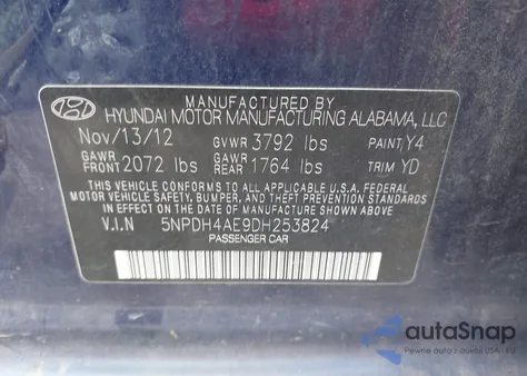 2013 Hyundai Elantra Gls from USA, damaged, VIN 5NPDH4AE9DH253824